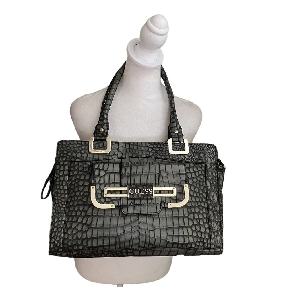 Guess Black Croc-Embossed Faux Leather Tote Bag Handbag With Inner Pockets & Log